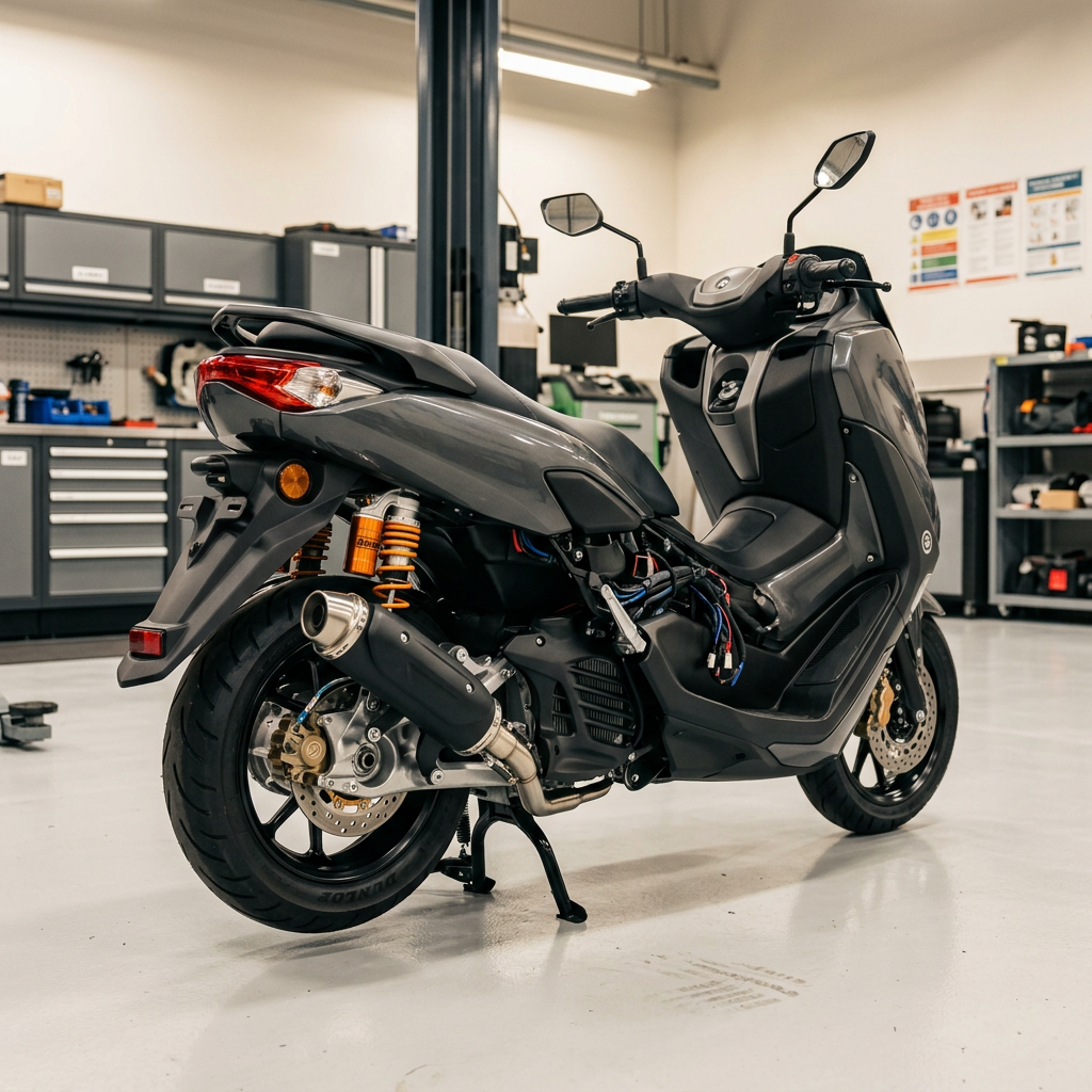 Gray scooter parked on its stand inside a motorcycle repair workshop