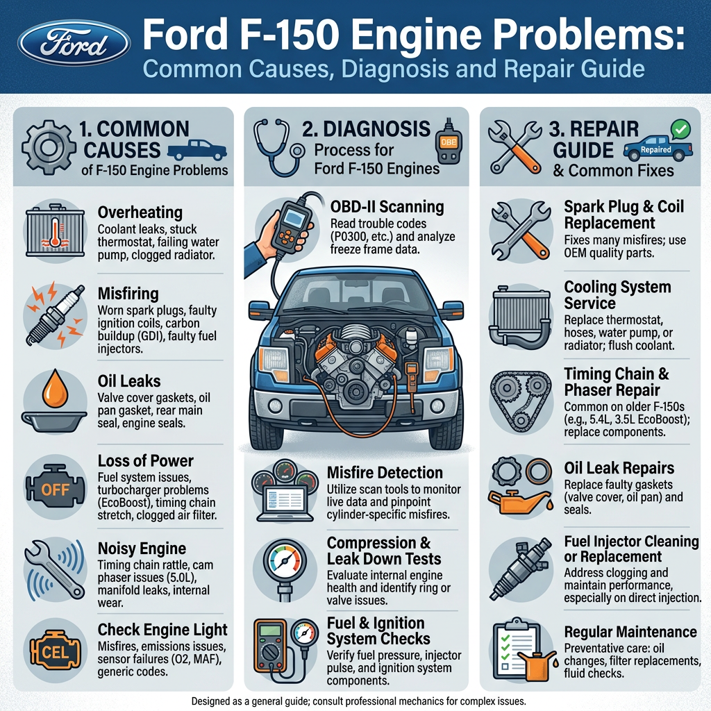 Infographic titled Ford F-150 Engine Problems covering causes, diagnosis, repairs, and maintenance