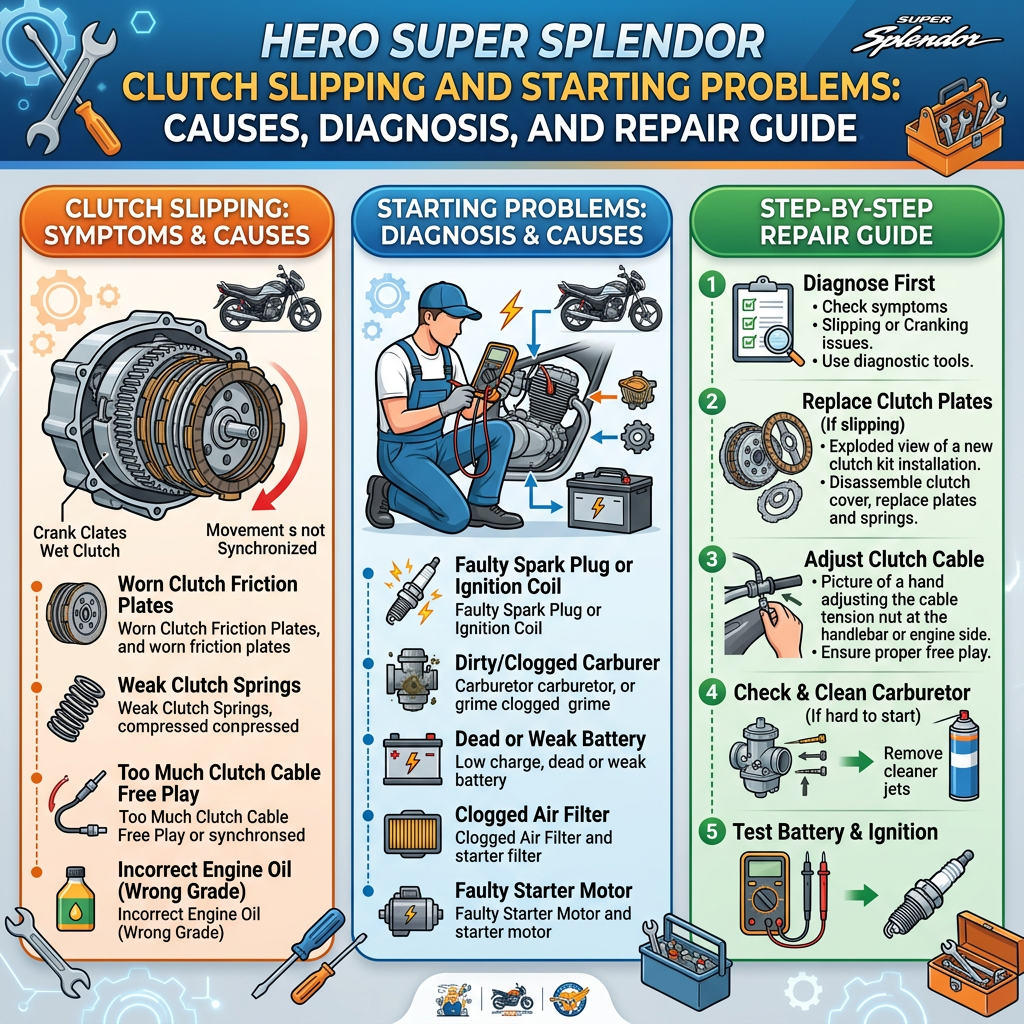 Guide to motorcycle clutch slipping, starting problems, diagnosis, and repairs